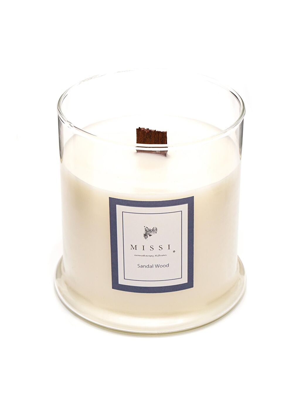 Ekru Büyük Üfleme Cam Ahşap Fitilli Sandal Wood Vegan Mum (380 GR)-1