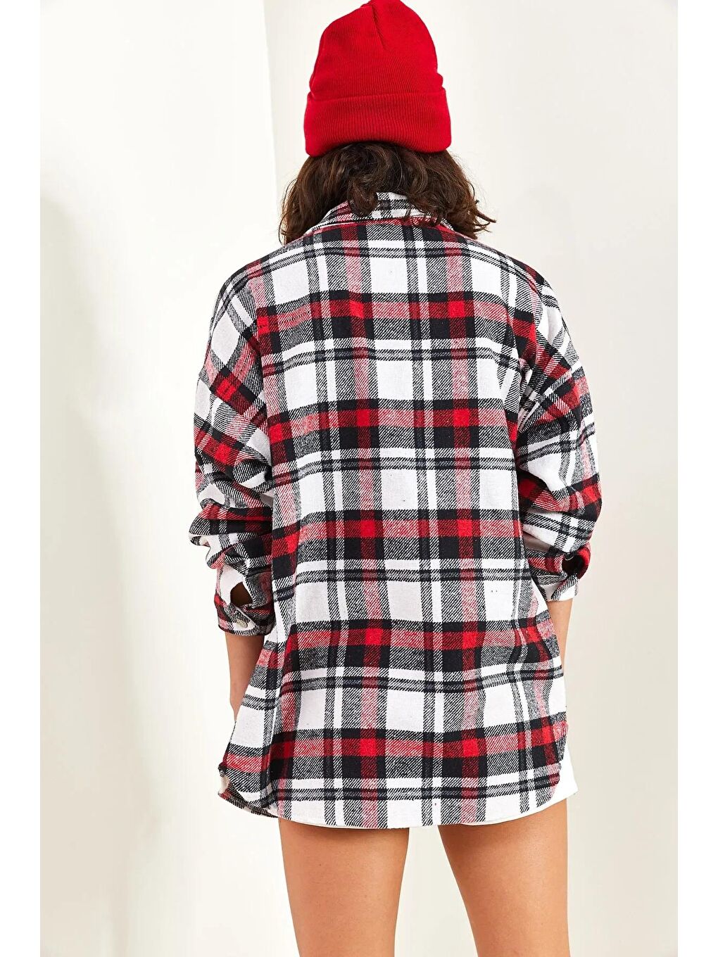 Kırmızı Kadın Körüklü Cep Ekose Oduncu Gömlek 4594-2