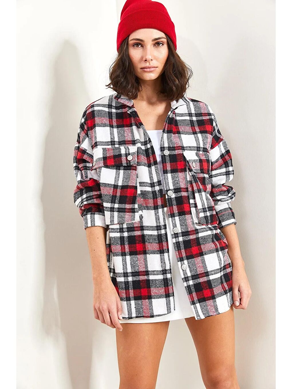 Kırmızı Kadın Körüklü Cep Ekose Oduncu Gömlek 4594-3