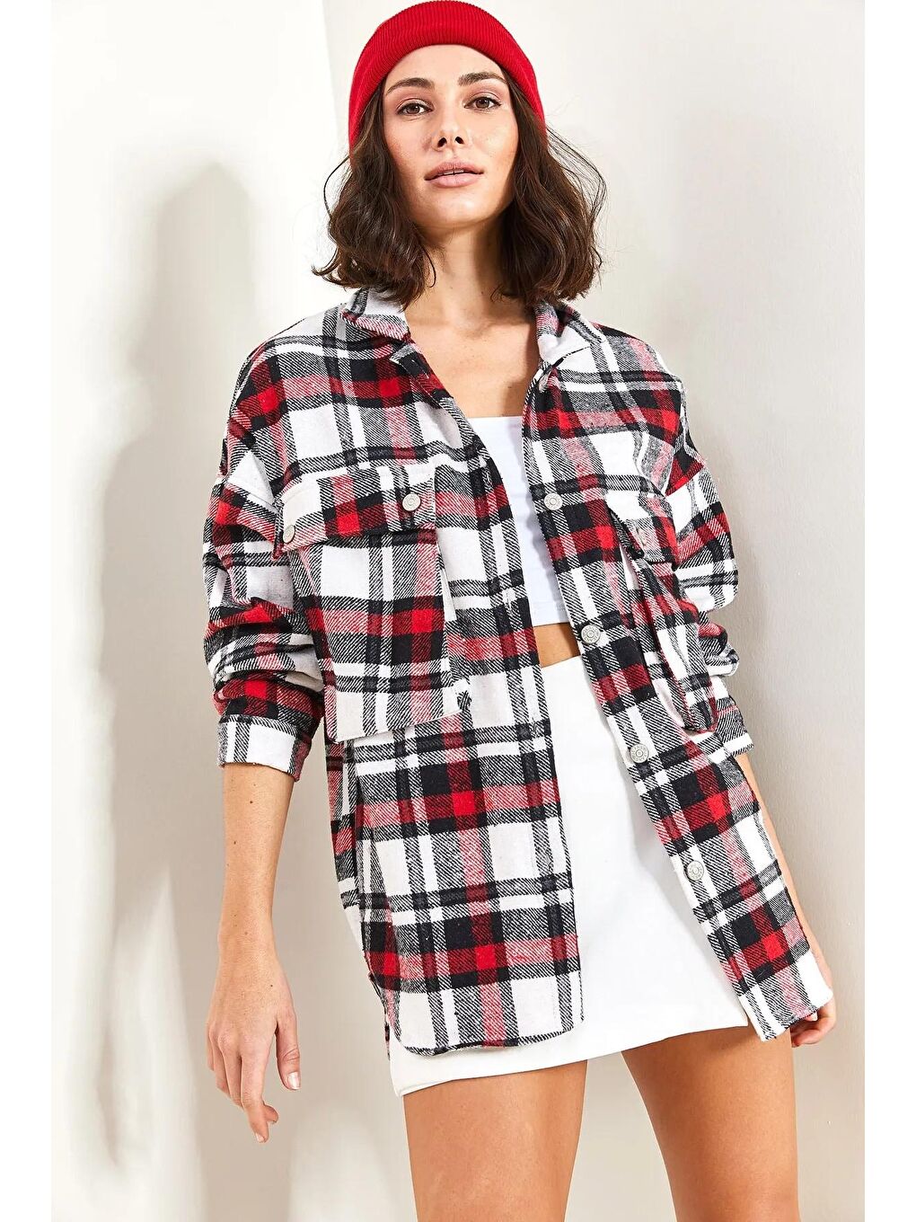 Kırmızı Kadın Körüklü Cep Ekose Oduncu Gömlek 4594-4