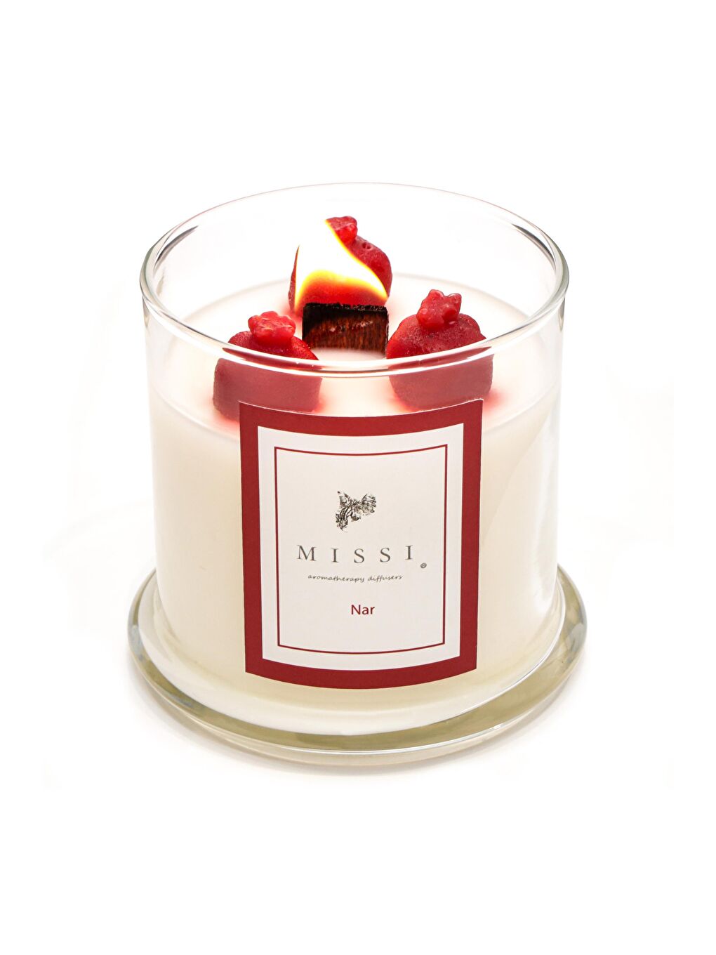 Ekru Üfleme Cam Ahşap Fitilli Nar Vegan Mum (140 GR)