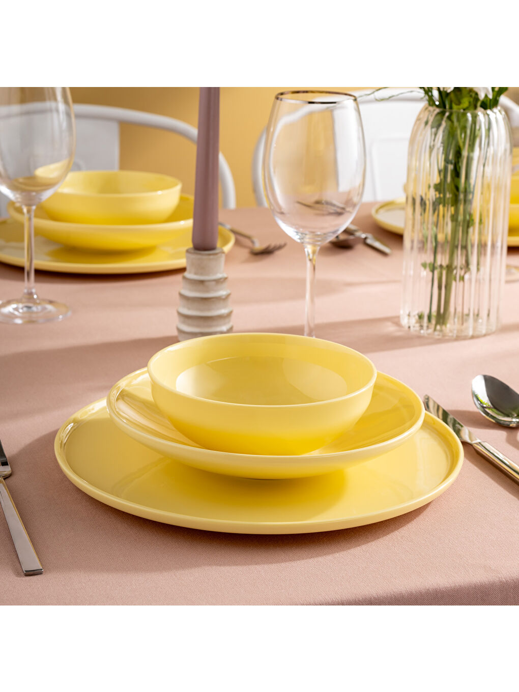 Sara 18 Parça 6 Kişilik Yemek Takımı Sarı-5