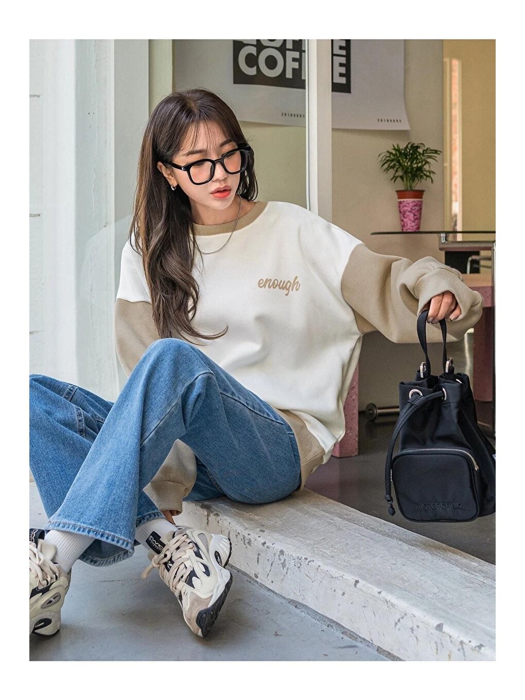 Trendseninle Bej Kadın BEYAZ Enough Baskılı BEJ Kol Detay Oversize Sweatshirt - 2