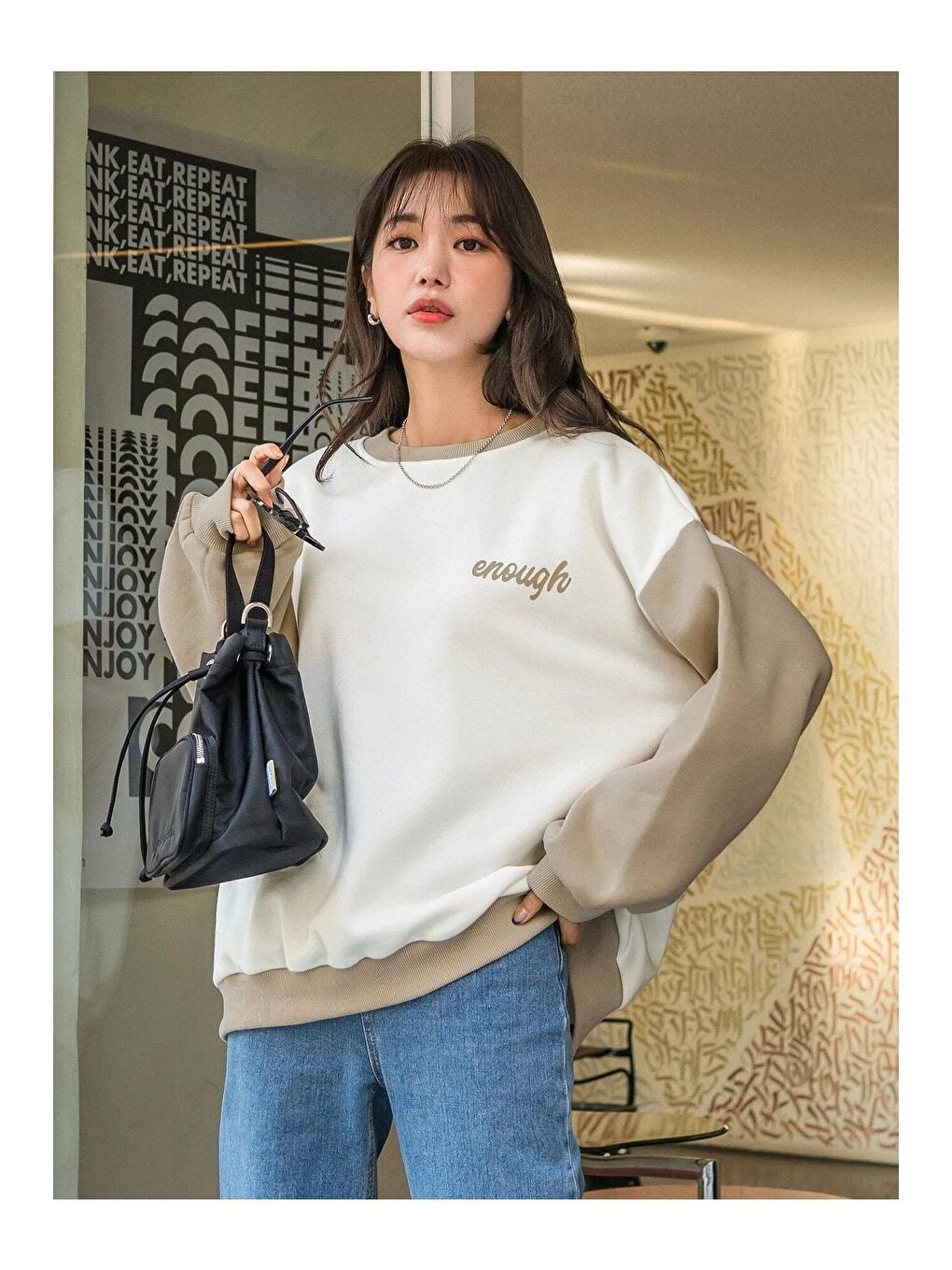 Trendseninle Bej Kadın BEYAZ Enough Baskılı BEJ Kol Detay Oversize Sweatshirt - 3