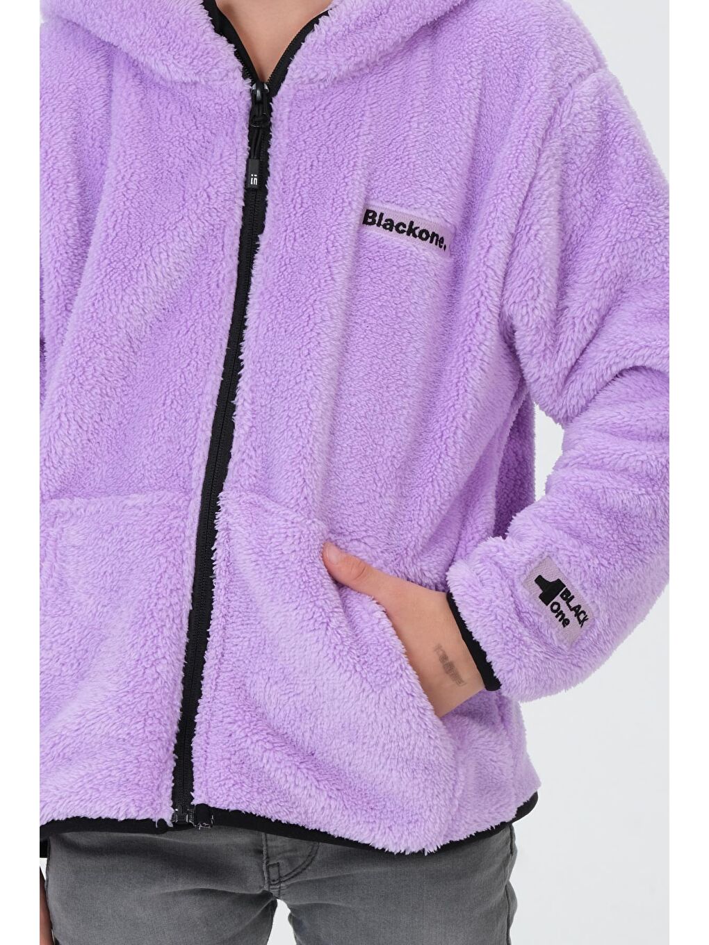 Lila Nakış Detaylı Peluş Kapüşonlu Kargo Cepli Üst