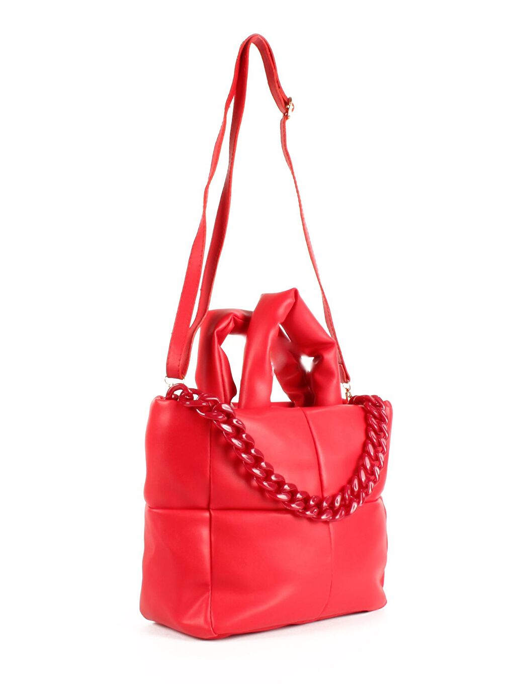 Kırmızı Kadın Zincir Detaylı Yumuşak Suni Deri Kapitoneli Şişme Kol ve Omuz Çantası (1703)-1