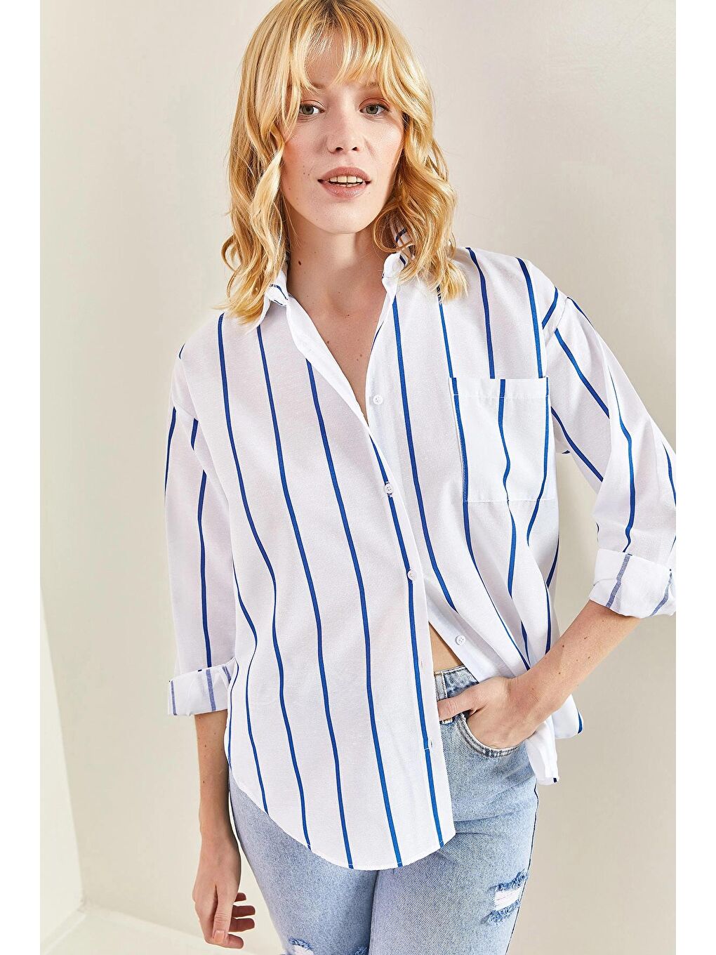 Mavi Kadın Tek Cepli Çizgili Oversize Gömlek