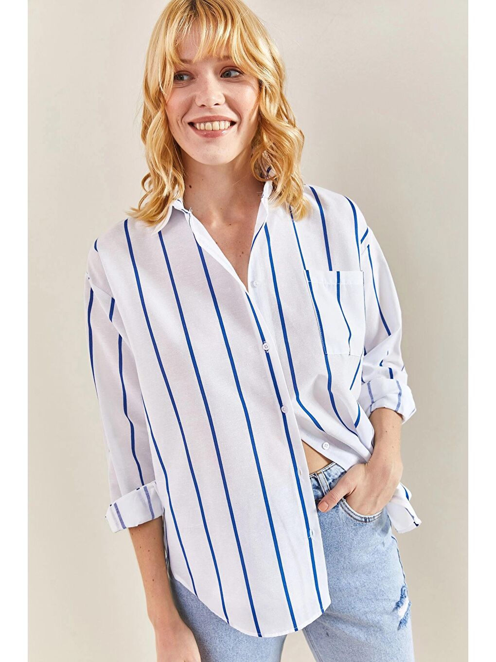 Mavi Kadın Tek Cepli Çizgili Oversize Gömlek-1