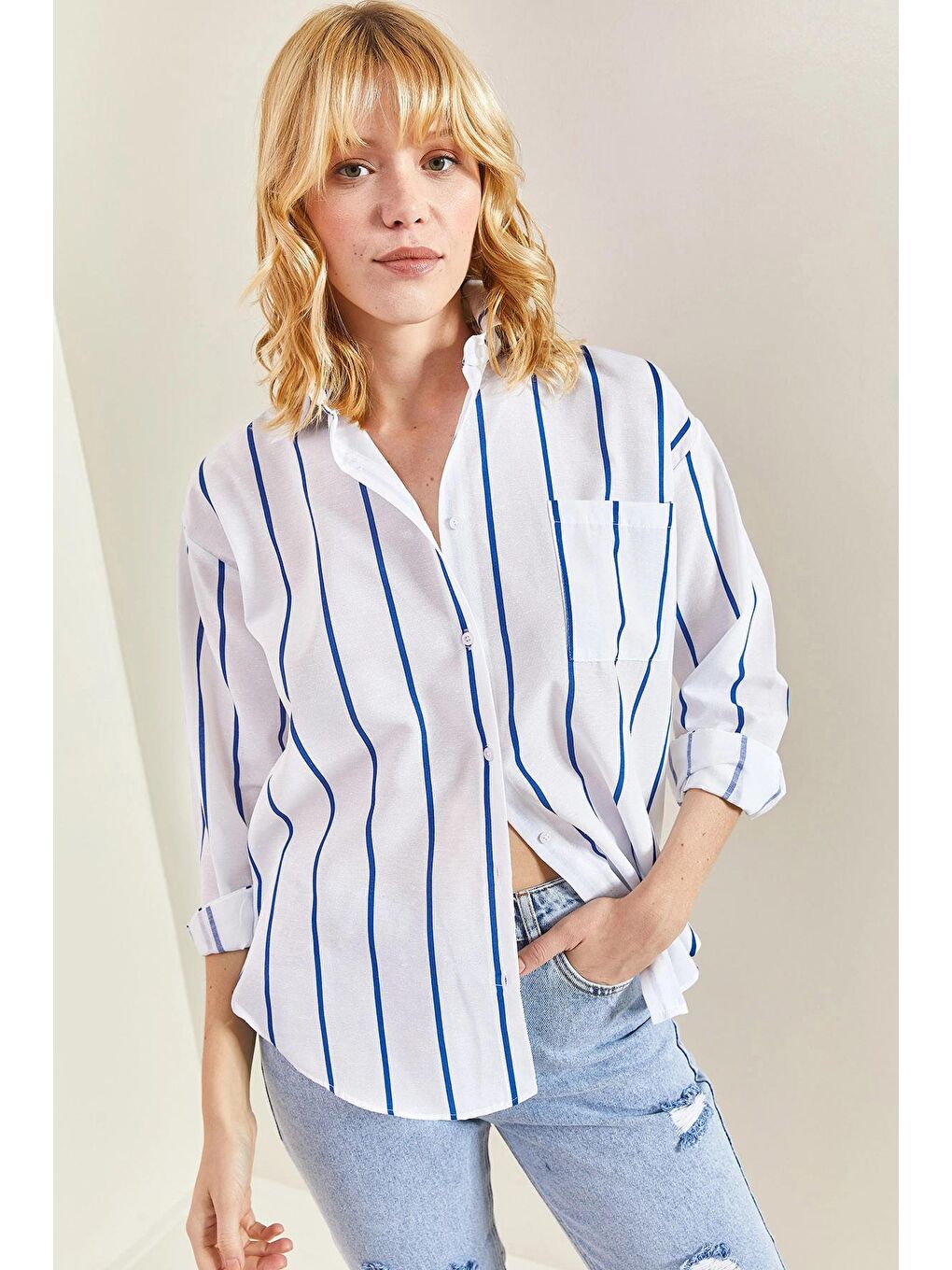 Mavi Kadın Tek Cepli Çizgili Oversize Gömlek-2