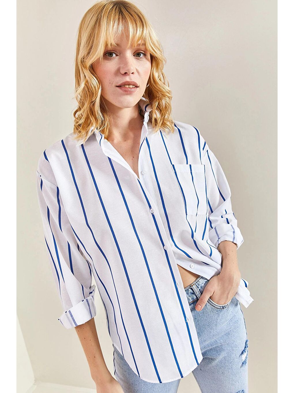 Mavi Kadın Tek Cepli Çizgili Oversize Gömlek-3