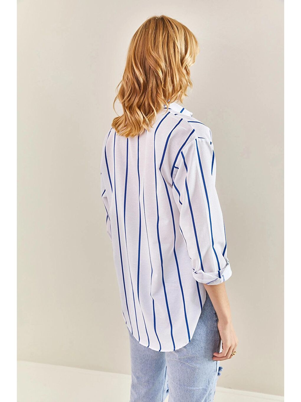 Mavi Kadın Tek Cepli Çizgili Oversize Gömlek-4