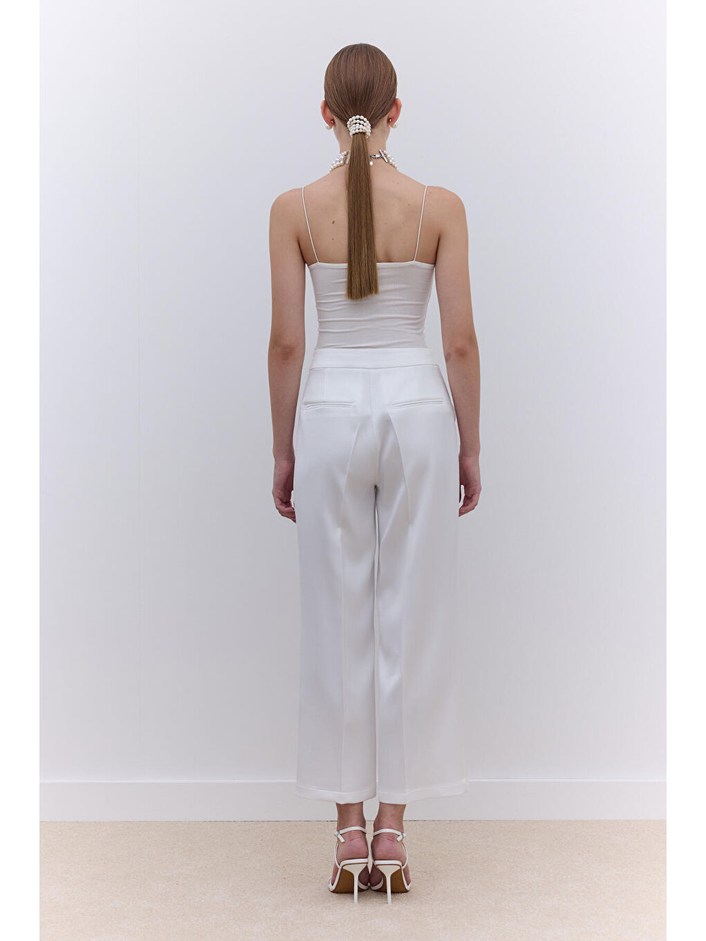 Saten Düz Paça Pantolon Ekru-5
