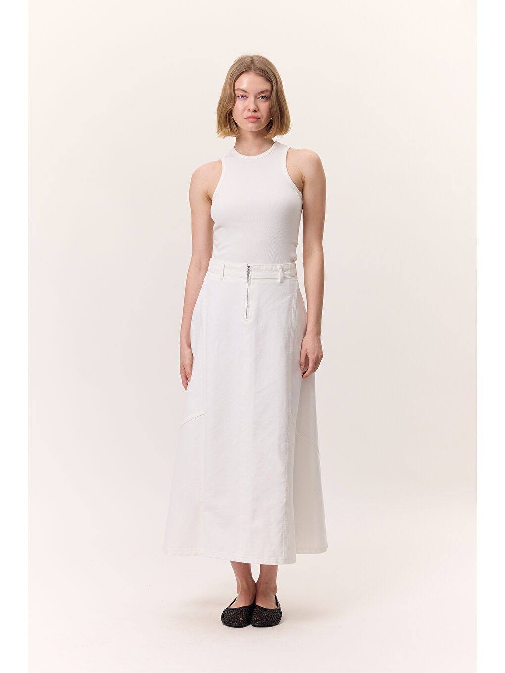 Volanlı Denim Etek Ekru