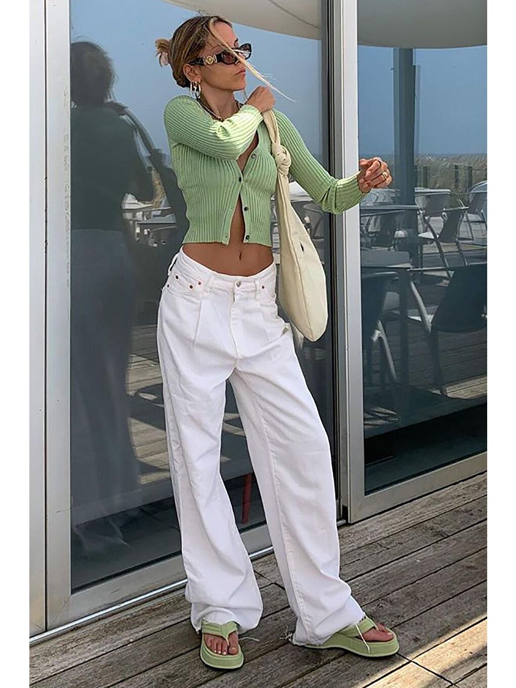 Beyaz Basic Pileli Palazzo Kadın Jean Mg1405