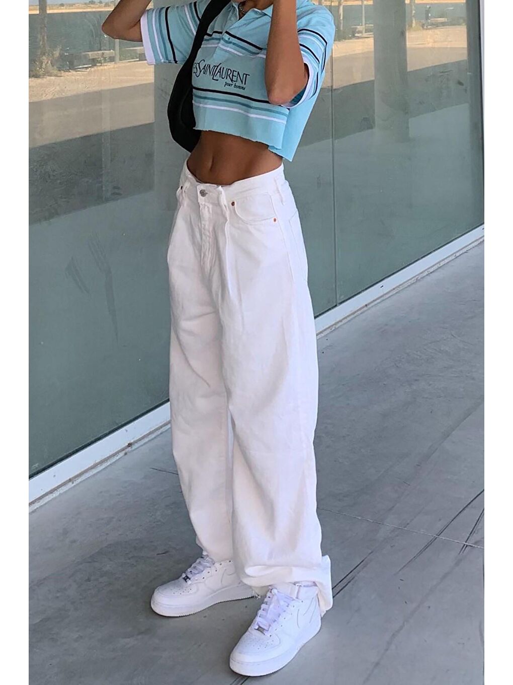 Beyaz Basic Pileli Palazzo Kadın Jean Mg1405-3