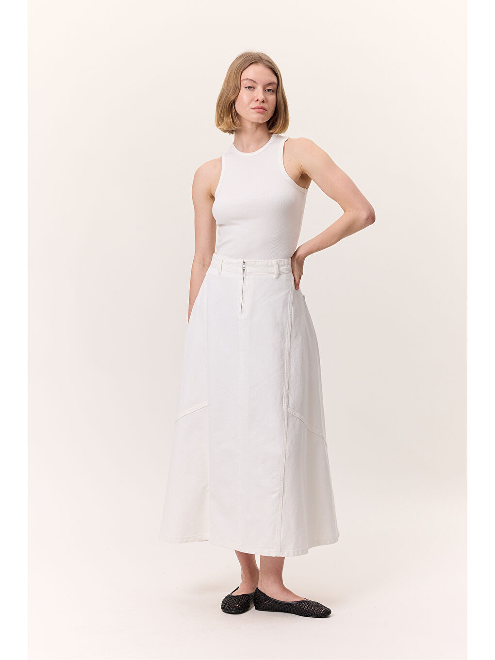 Volanlı Denim Etek Ekru-2