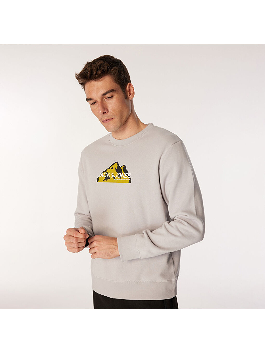 Jack & Jones Mountain Logo Erkek Gri Yuvarlak Yaka Sweatshirt