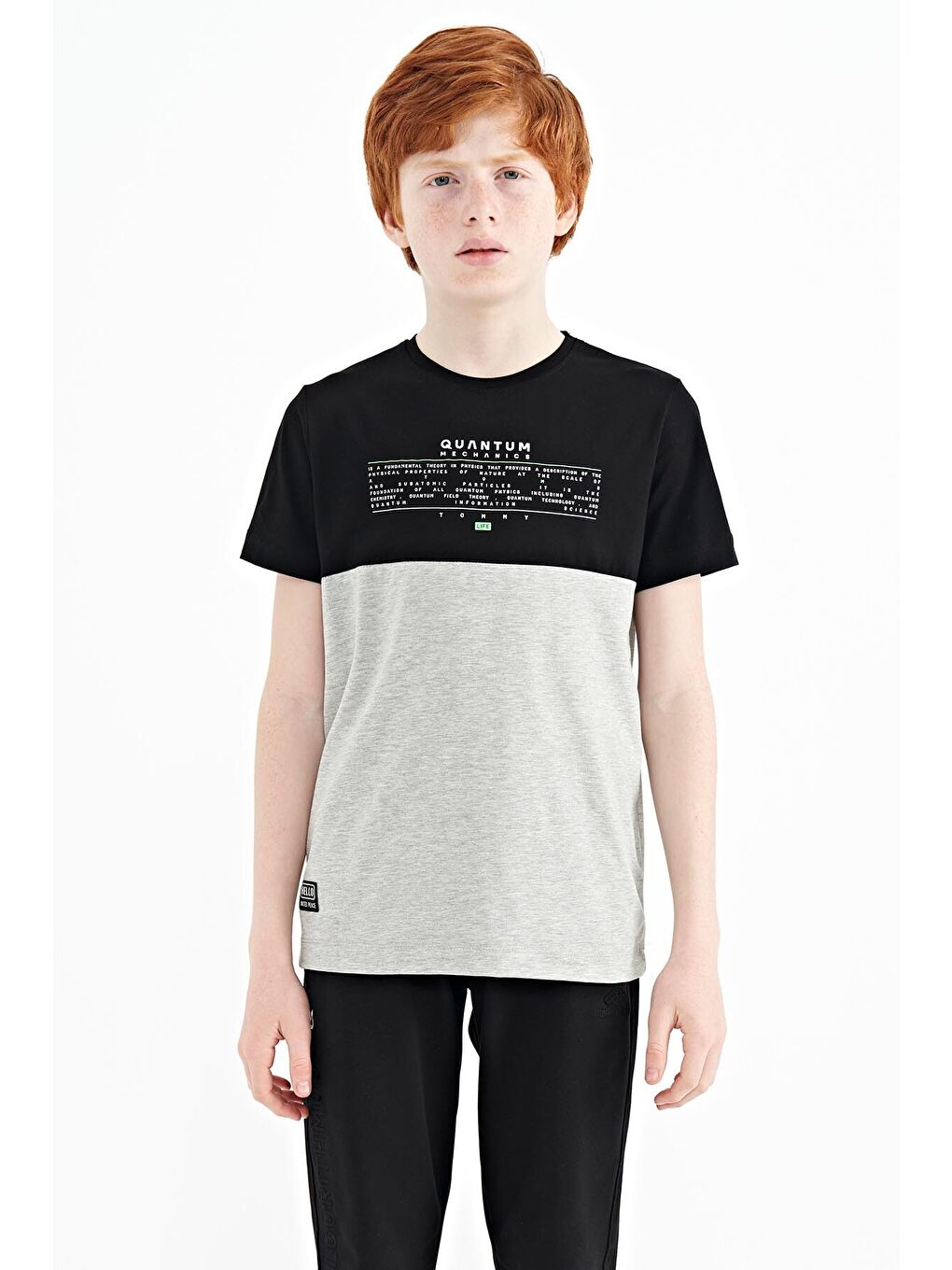 Gri Melanj Yazı Baskılı Renk Bloklu Standart Kalıp O Yaka Erkek Çocuk Tişört - 11134