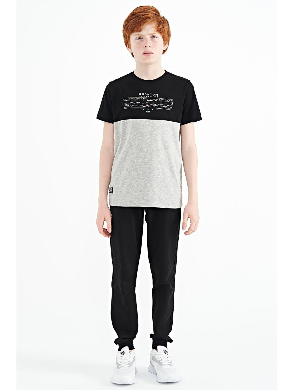 Gri Melanj Yazı Baskılı Renk Bloklu Standart Kalıp O Yaka Erkek Çocuk Tişört - 11134-1