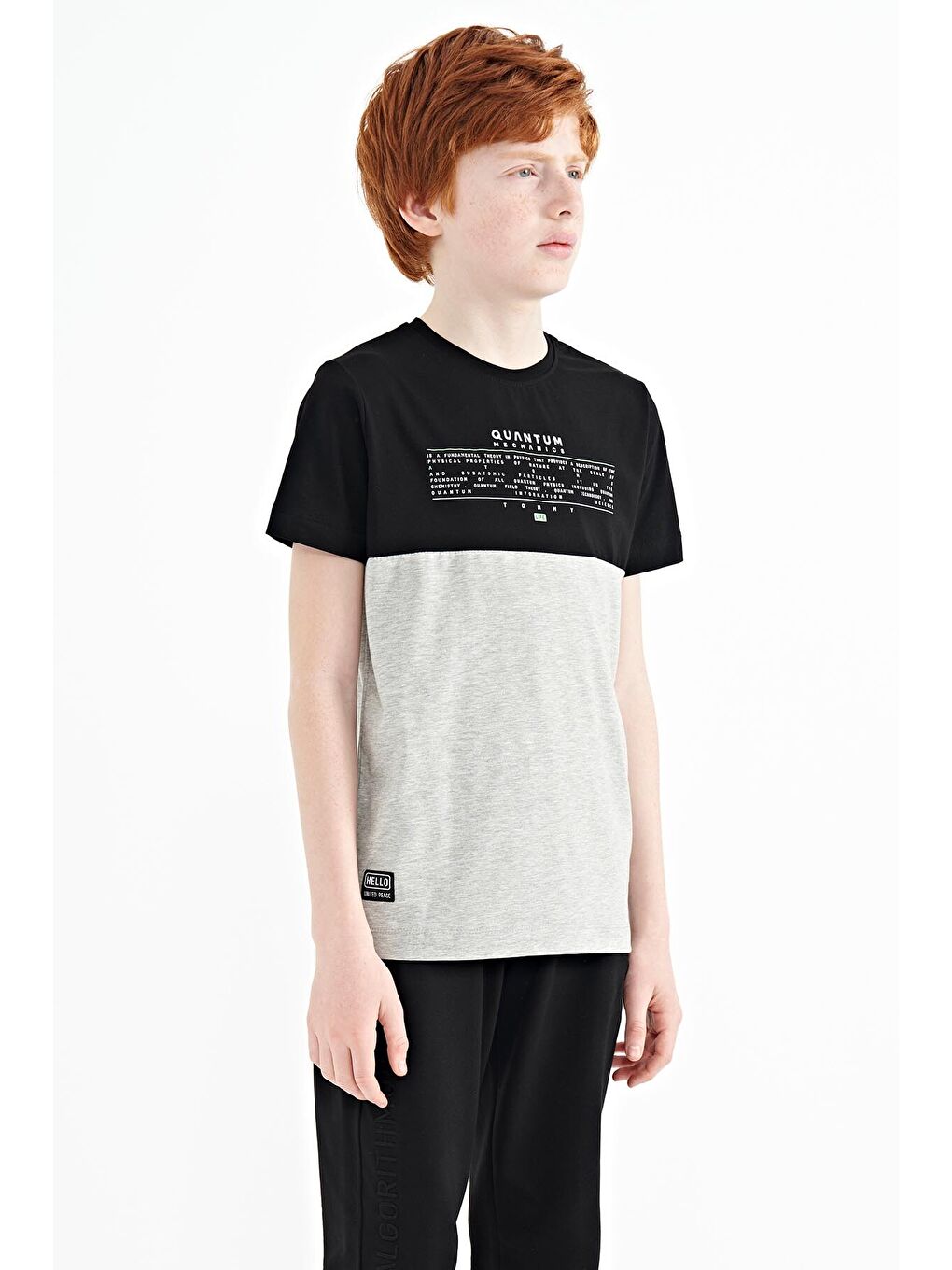 Gri Melanj Yazı Baskılı Renk Bloklu Standart Kalıp O Yaka Erkek Çocuk Tişört - 11134-3