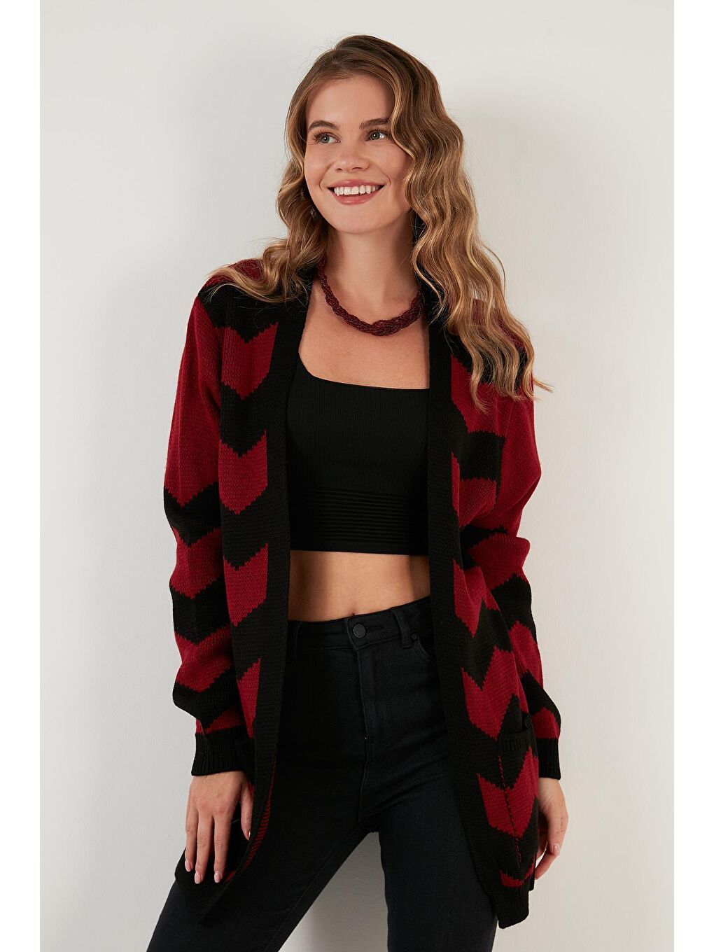 Siyah Renk Bloklu Cepli Uzun Hırka 6310006