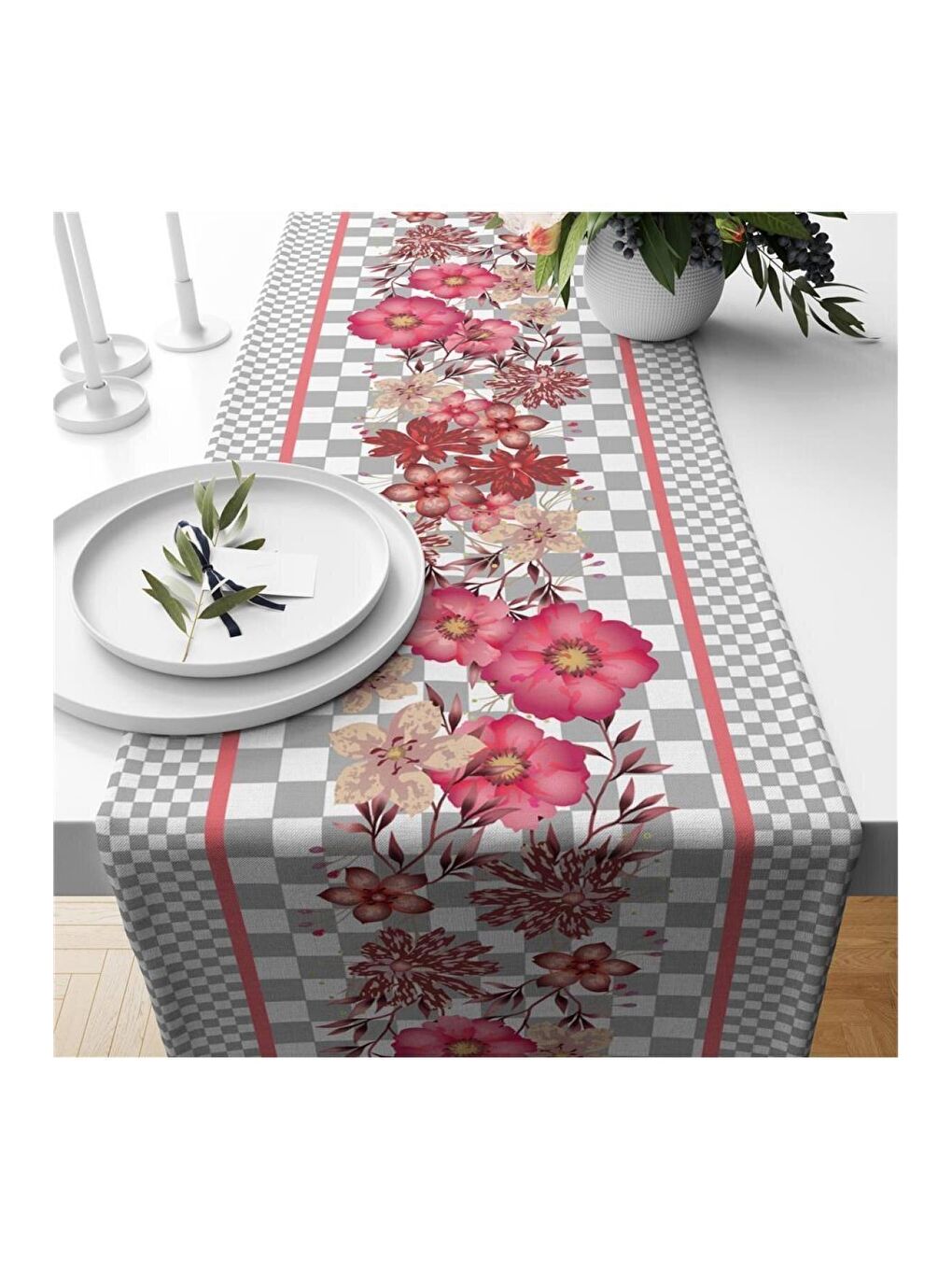 Karışık Gri Pötikare Çiçek Desenli Kadife Runner 40x140 cm