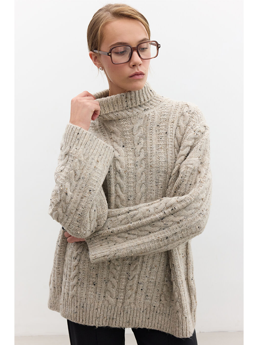 Boğazlı Örgü Triko Kazak Bej
