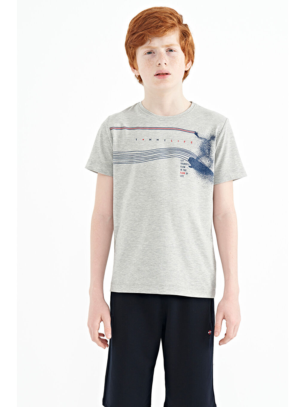 Gri Melanj Baskı Detaylı Standart Kalıp O Yaka Erkek Çocuk Tişört - 11133