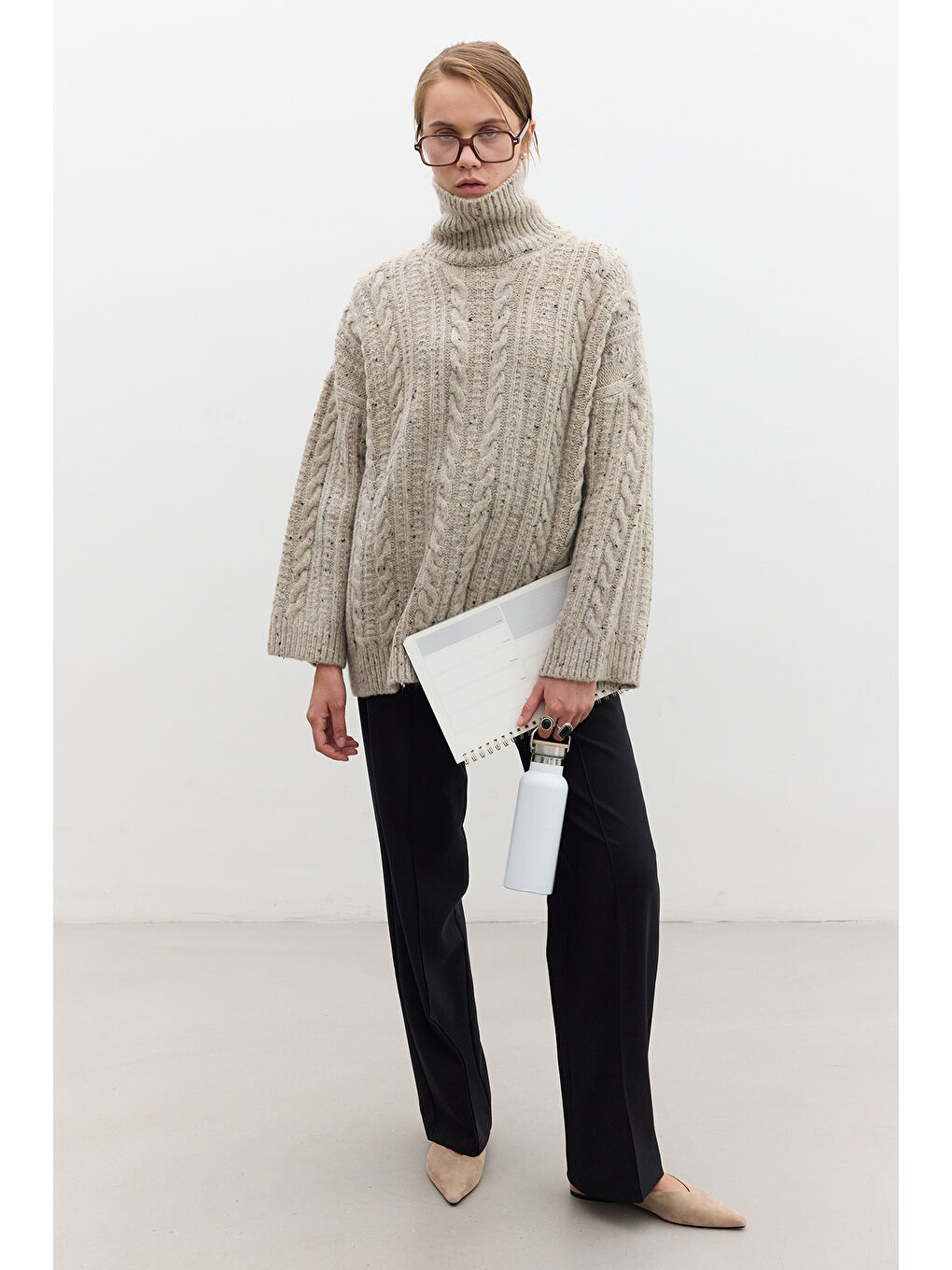 Boğazlı Örgü Triko Kazak Bej-1