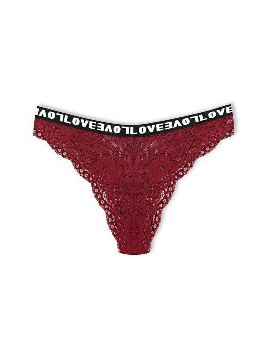 Bordo Brezilya Kesim Dantelli LOVE Lastik Yüksek Bel Kadın Külot
