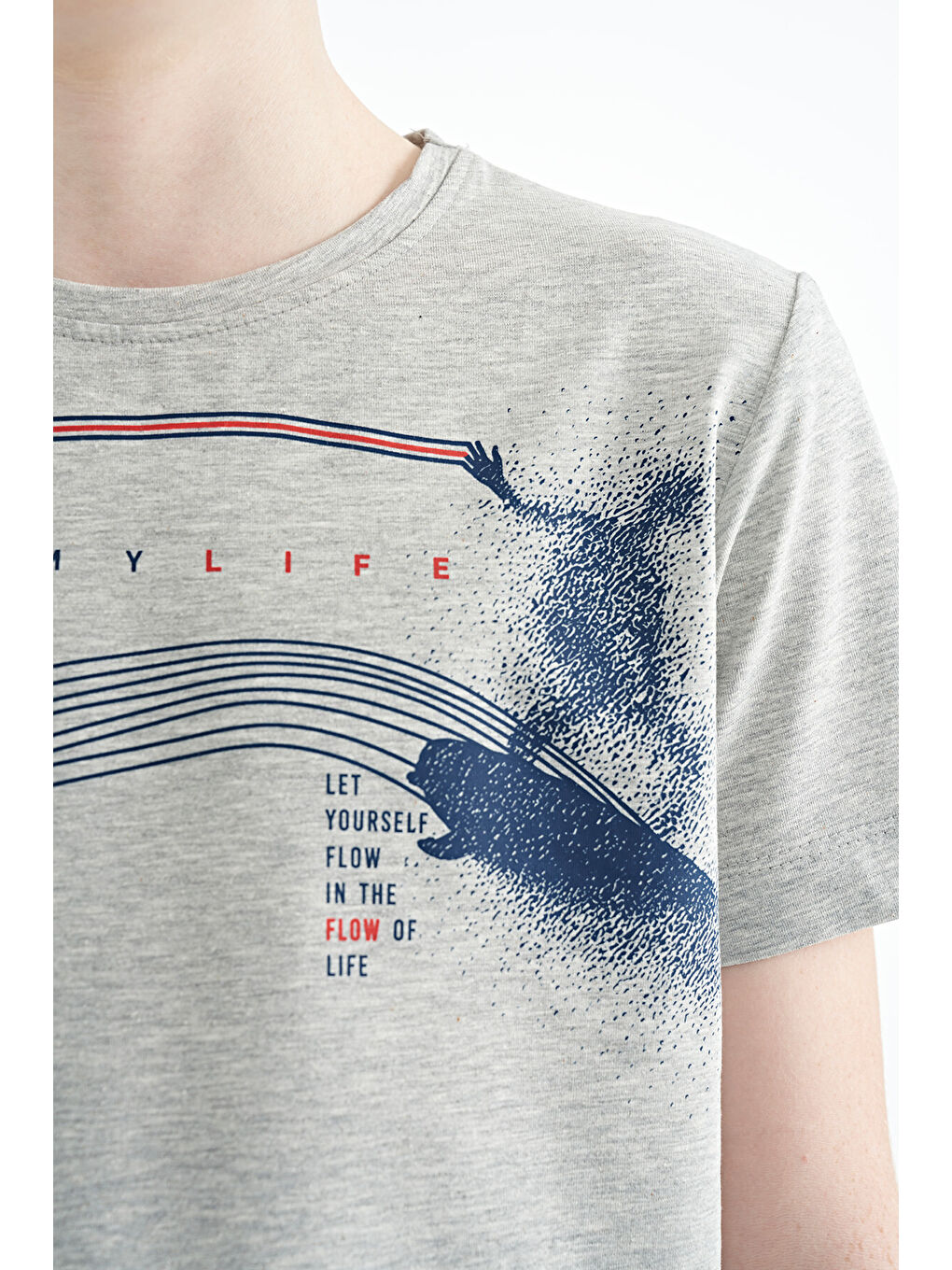 Gri Melanj Baskı Detaylı Standart Kalıp O Yaka Erkek Çocuk Tişört - 11133-2