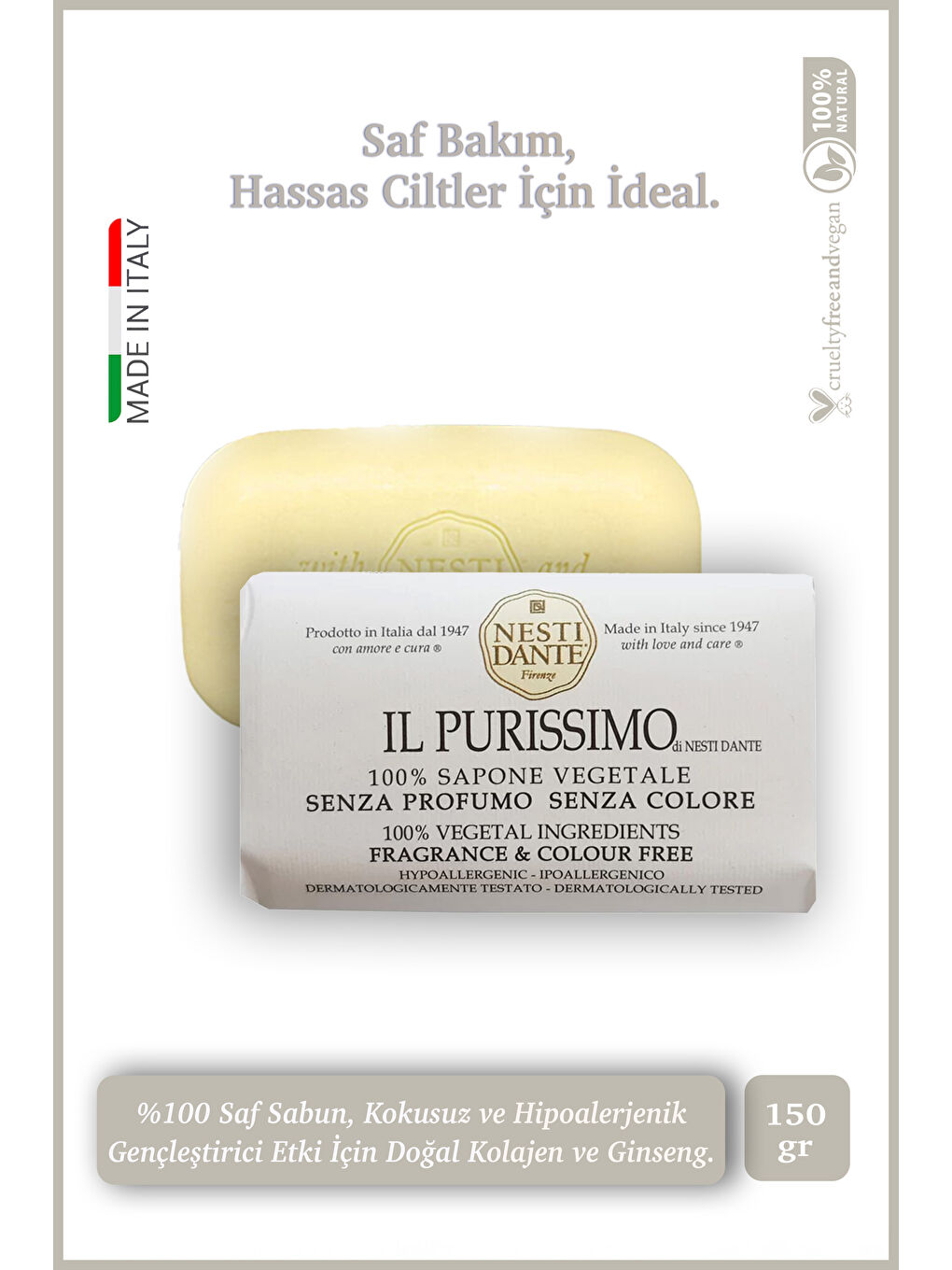 Nesti Dante Nesti Dante Il Purissimo %100 Saf Sabun Kokusuz Renksiz Hipoalerjenik Bakım 150 Gr