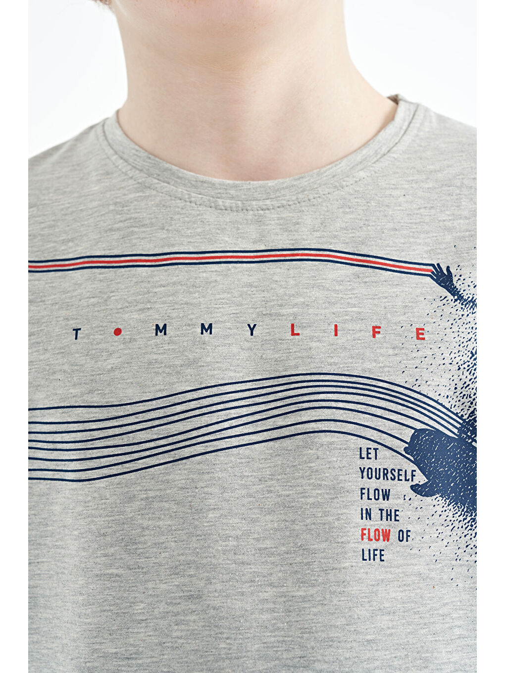 Gri Melanj Baskı Detaylı Standart Kalıp O Yaka Erkek Çocuk Tişört - 11133-4