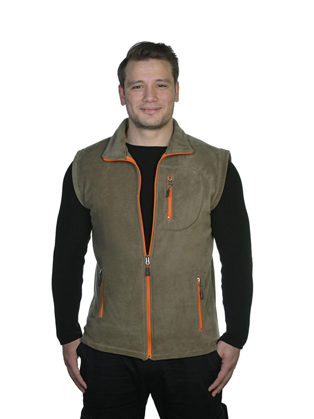 GENIUS STORE Açık Haki Erkek Polar Yelek Tam Femuarlı Outdoor Spor Yelek 3 Cepli 8 Renk