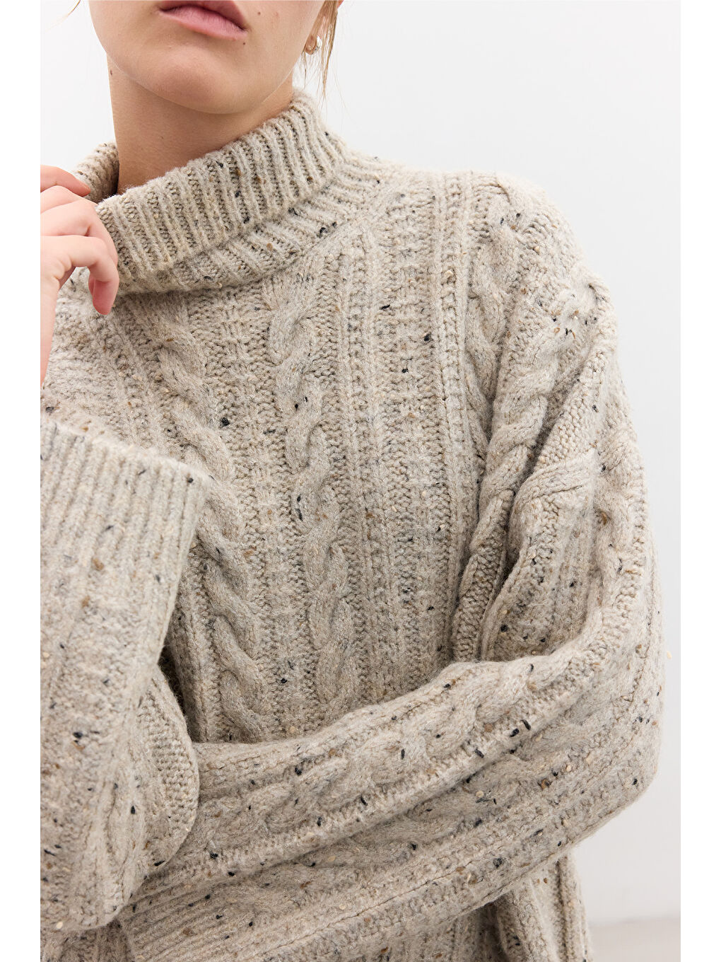 Boğazlı Örgü Triko Kazak Bej-2