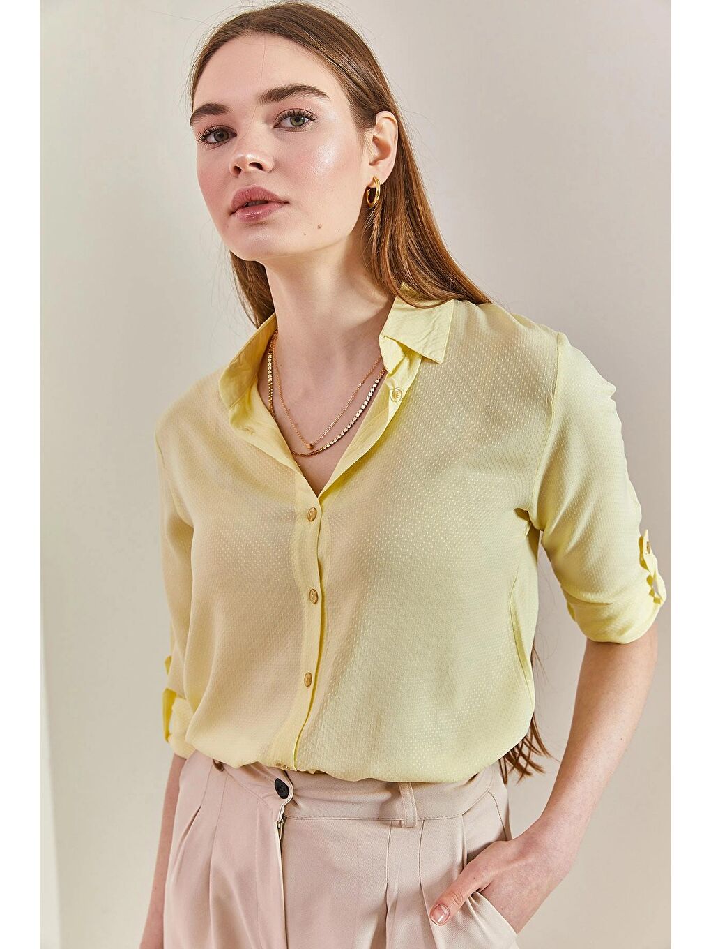 Sarı Kadın Jakarlı Kol Katlamalı Gömlek-2