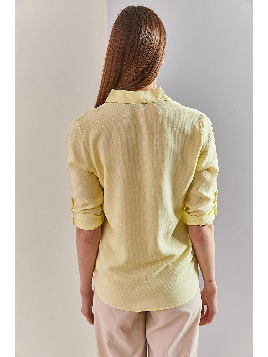 Sarı Kadın Jakarlı Kol Katlamalı Gömlek-4