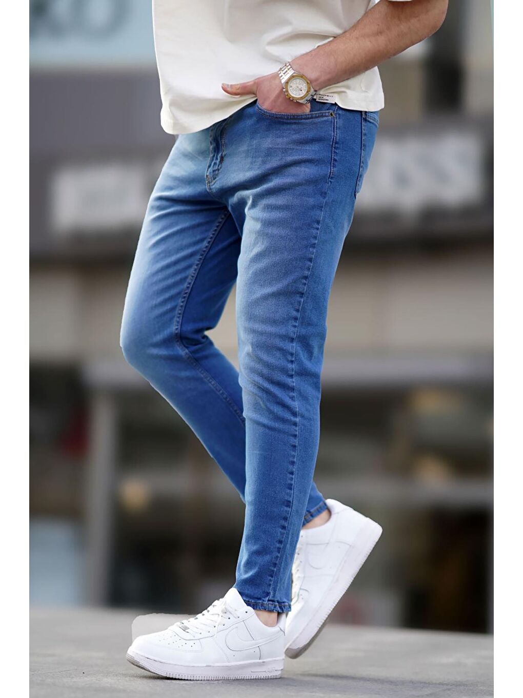 Madmext Mavi Taşlanmış Slim Fit Erkek Jean 6342