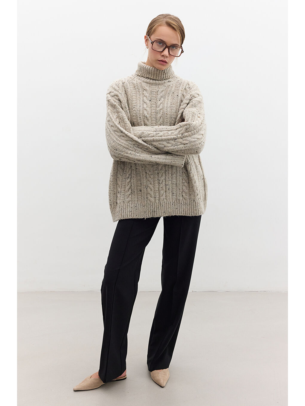 Boğazlı Örgü Triko Kazak Bej-3