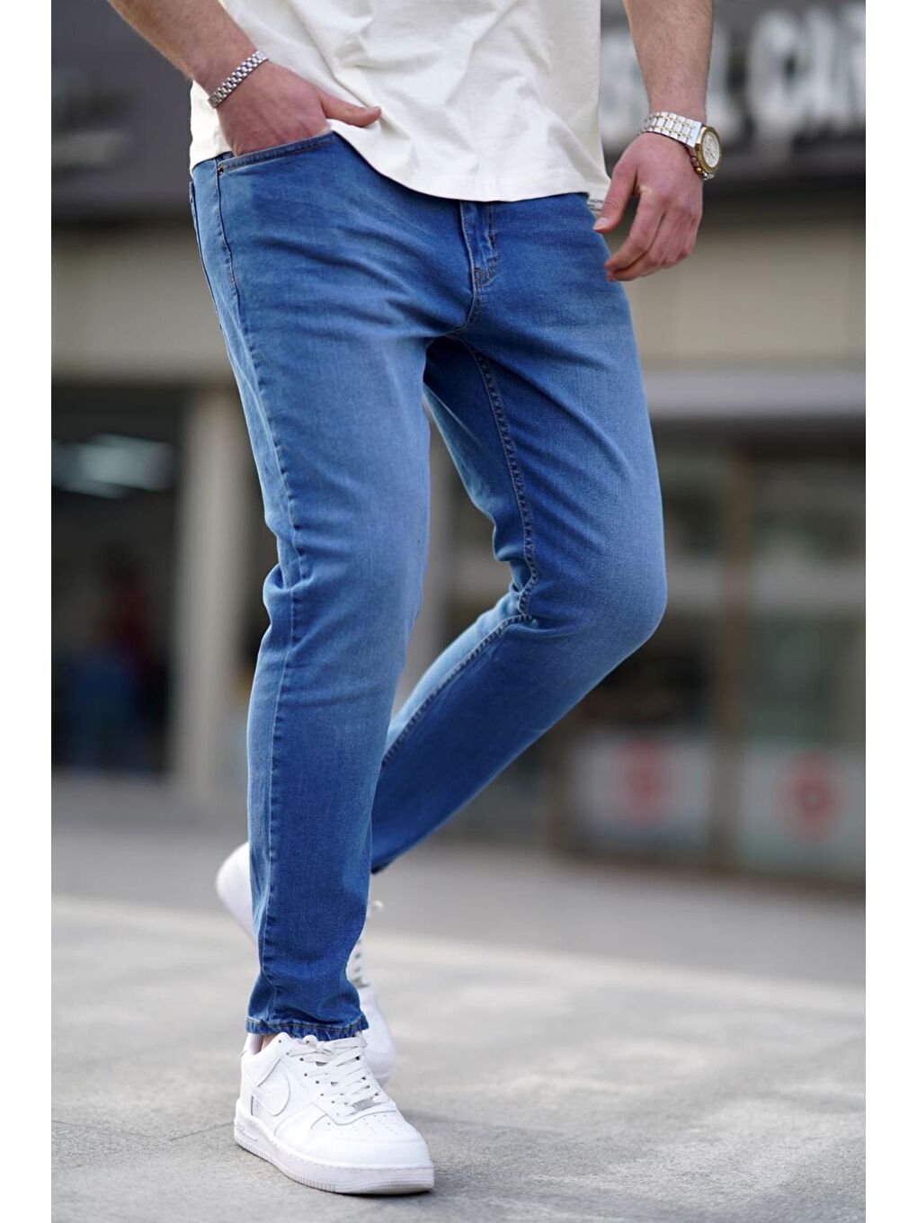 Madmext Mavi Taşlanmış Slim Fit Erkek Jean 6342 - 1