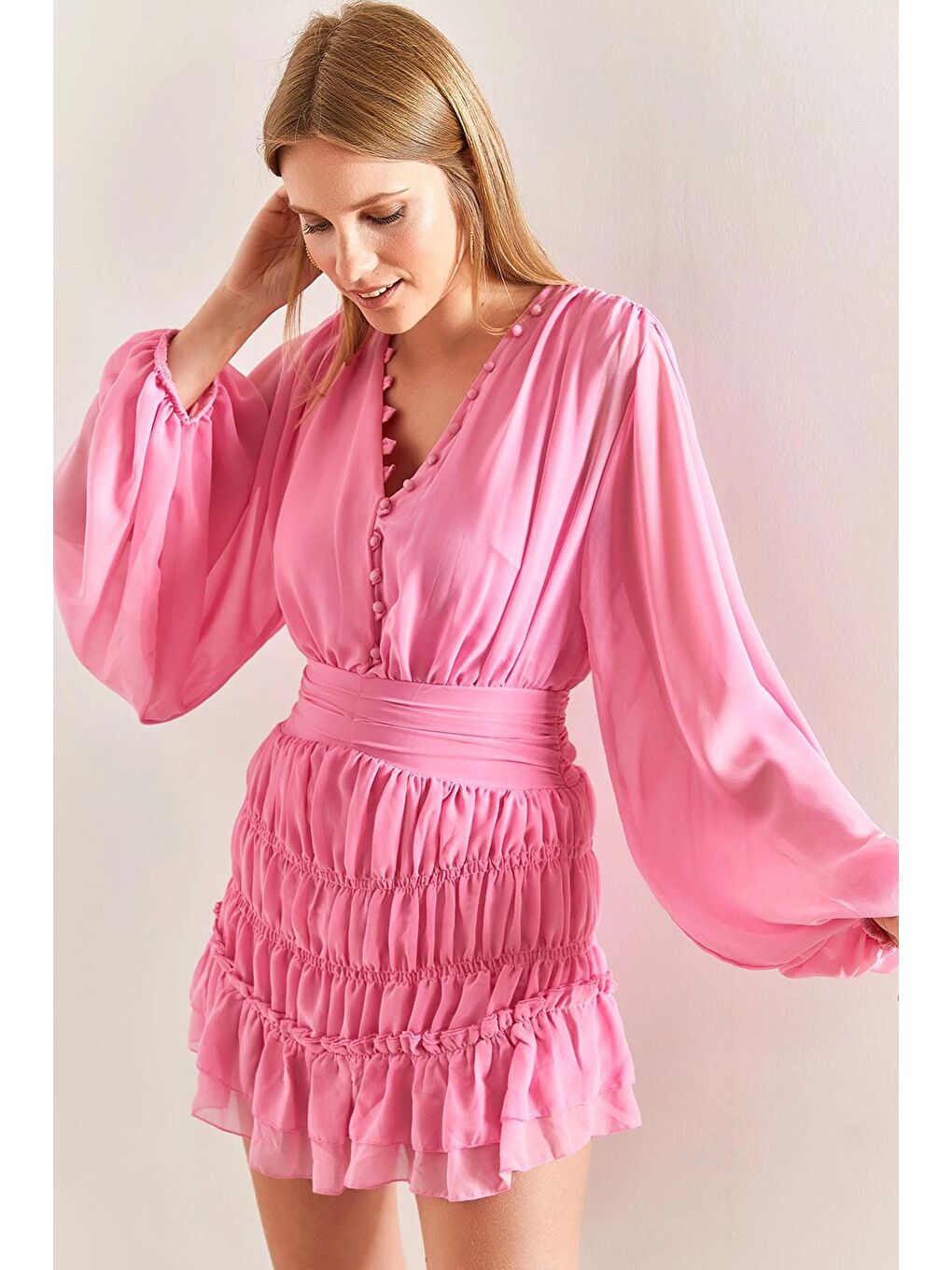 Pembe Kadın Tüllü İçi Astarlı Şifon Elbise-1