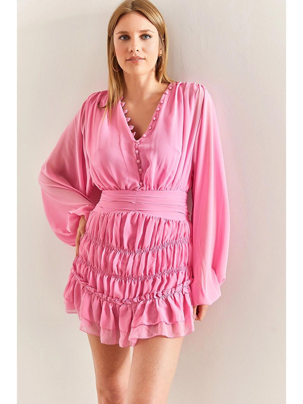 Pembe Kadın Tüllü İçi Astarlı Şifon Elbise-2