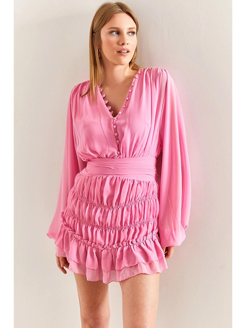 Pembe Kadın Tüllü İçi Astarlı Şifon Elbise-3