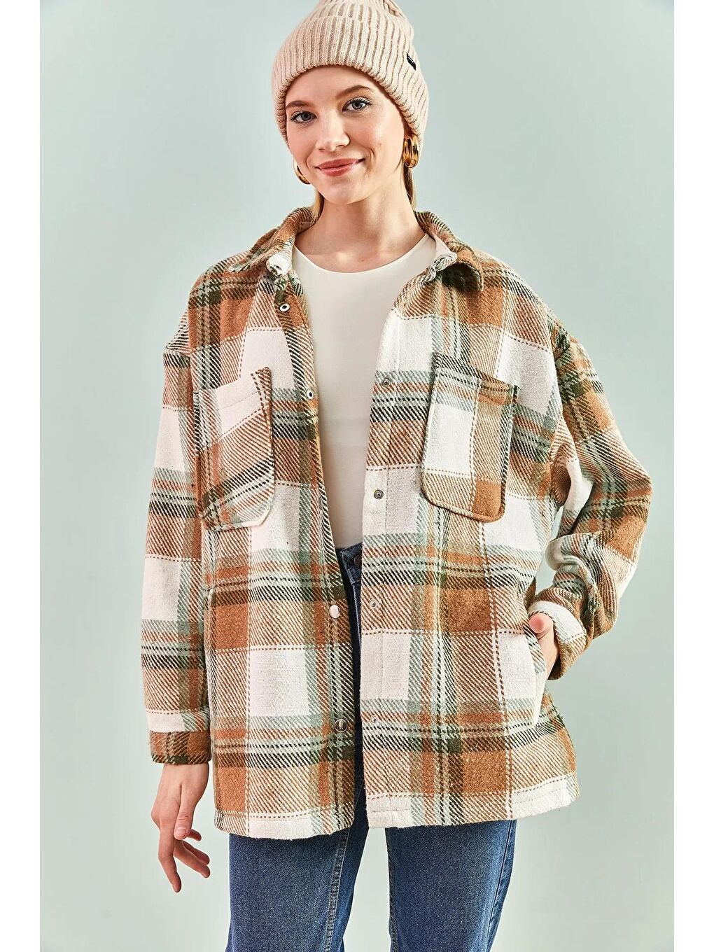 Karışık Kadın Arkası Rubalı Ekose Desen Oduncu Gömlek-2