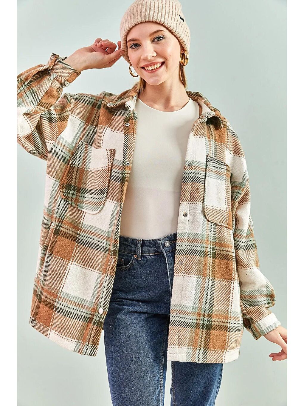 Karışık Kadın Arkası Rubalı Ekose Desen Oduncu Gömlek-4