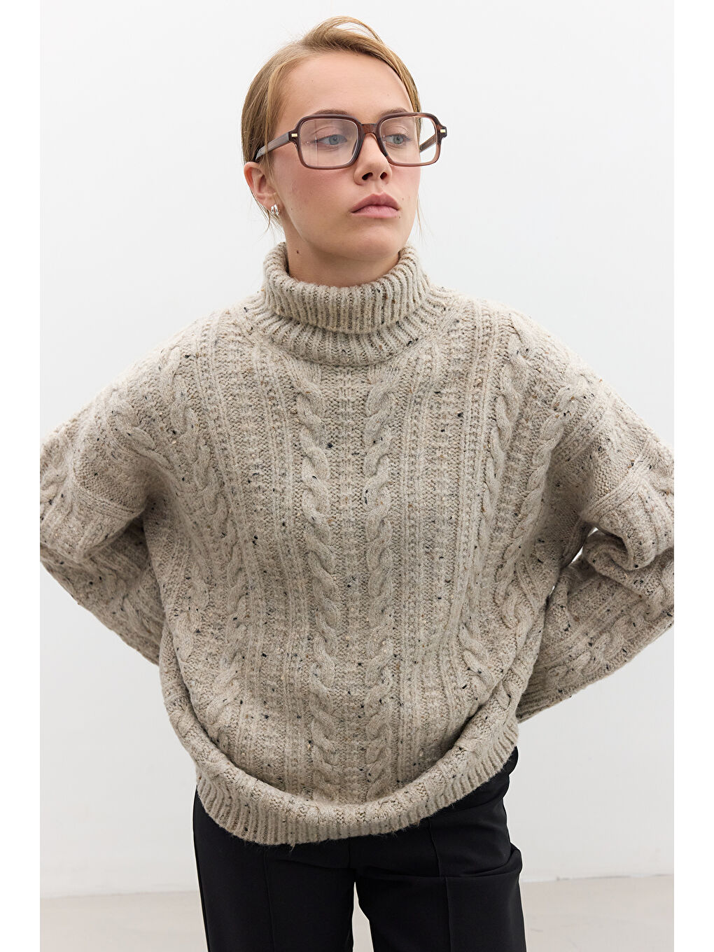 Boğazlı Örgü Triko Kazak Bej-5