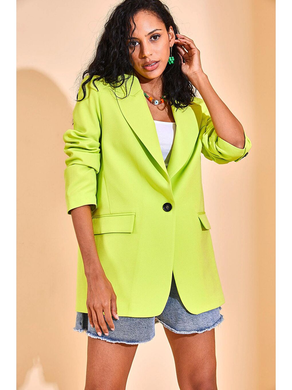Neon Yeşil Tek Düğmeli Blazer Ceket 3KXK4-46558-89