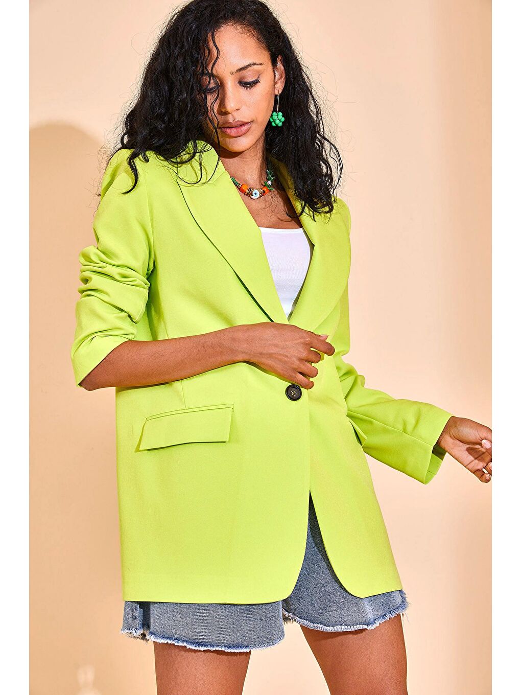Neon Yeşil Tek Düğmeli Blazer Ceket 3KXK4-46558-89-1