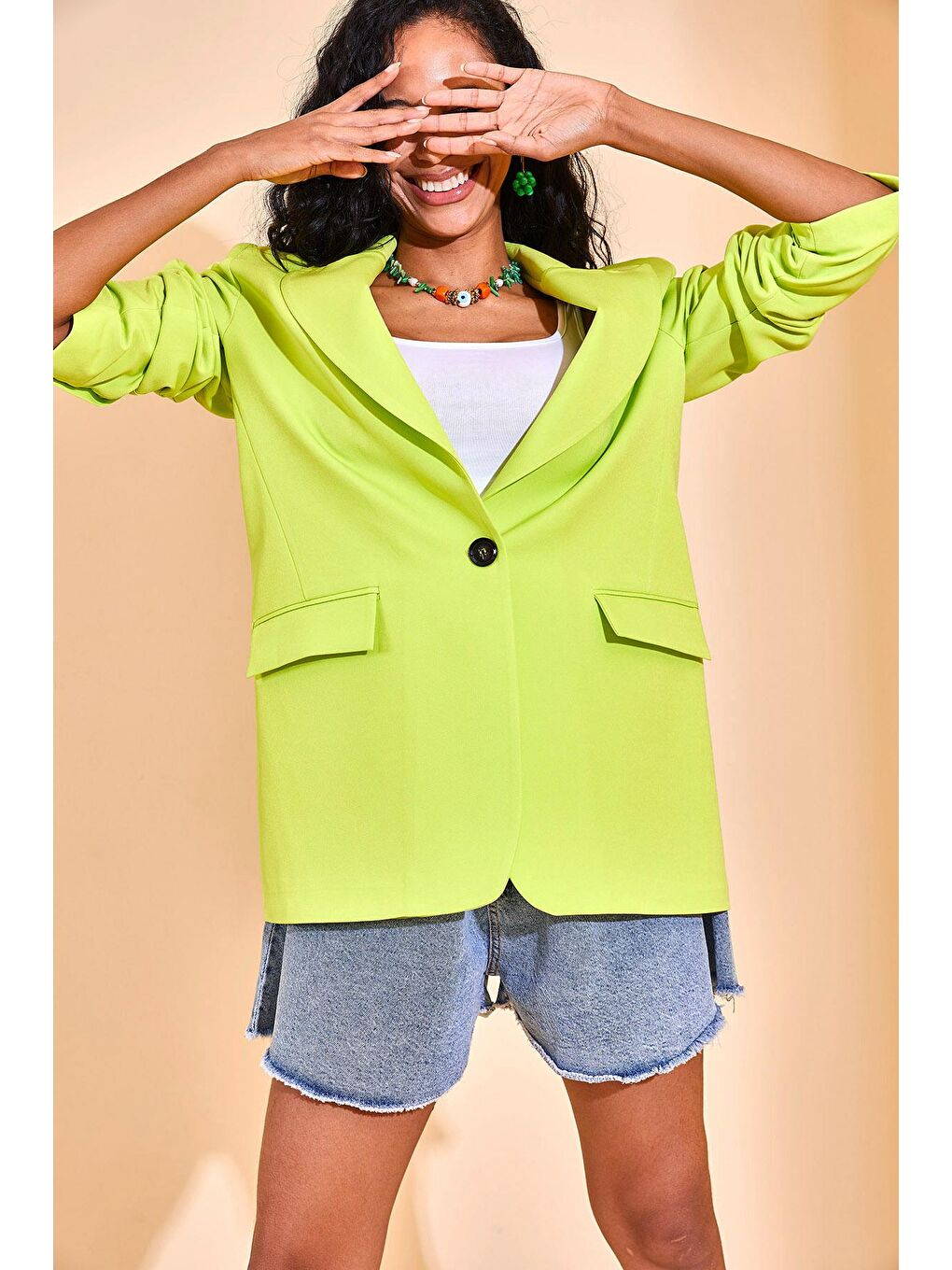 Neon Yeşil Tek Düğmeli Blazer Ceket 3KXK4-46558-89-2