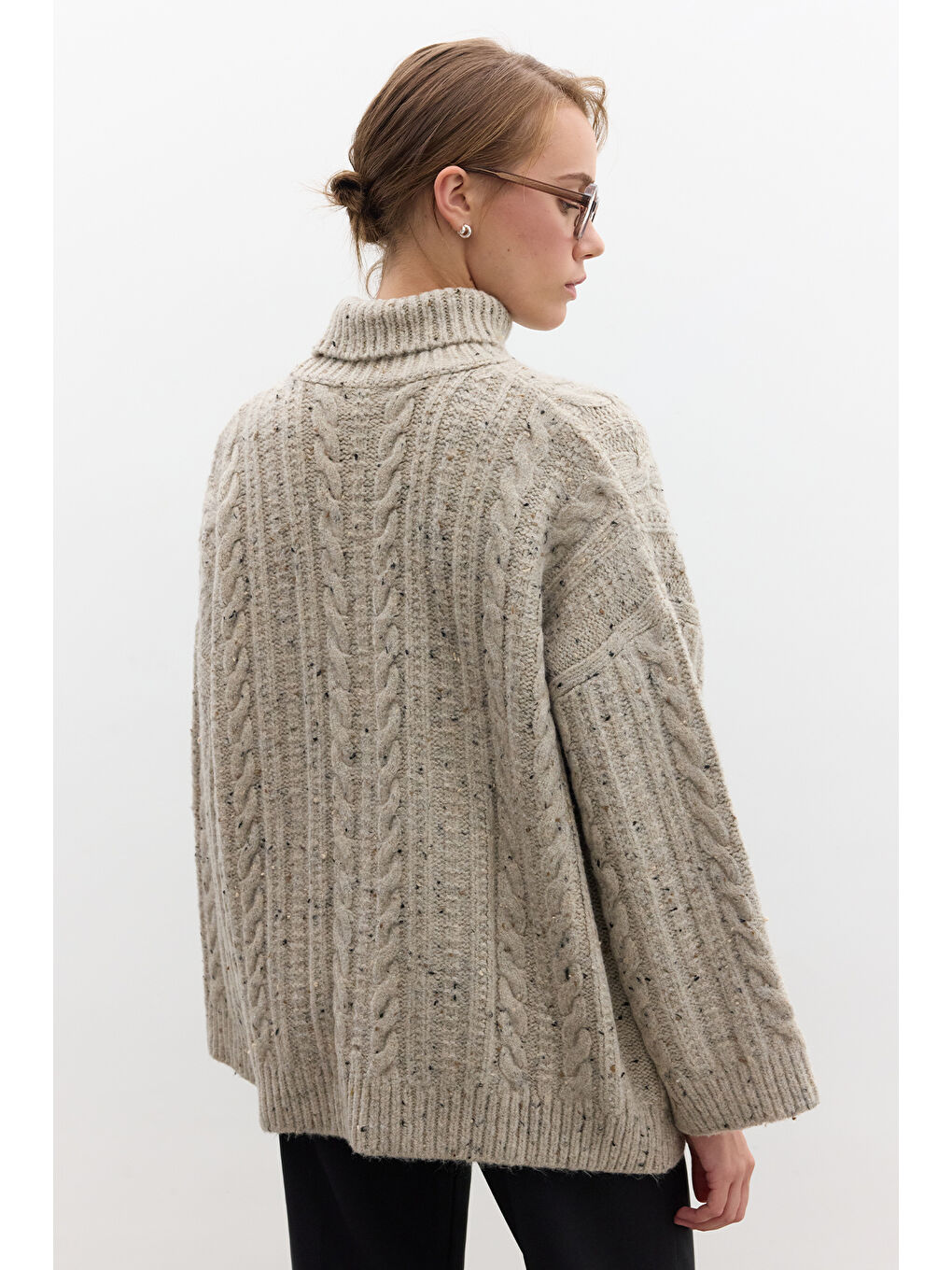 Boğazlı Örgü Triko Kazak Bej-7